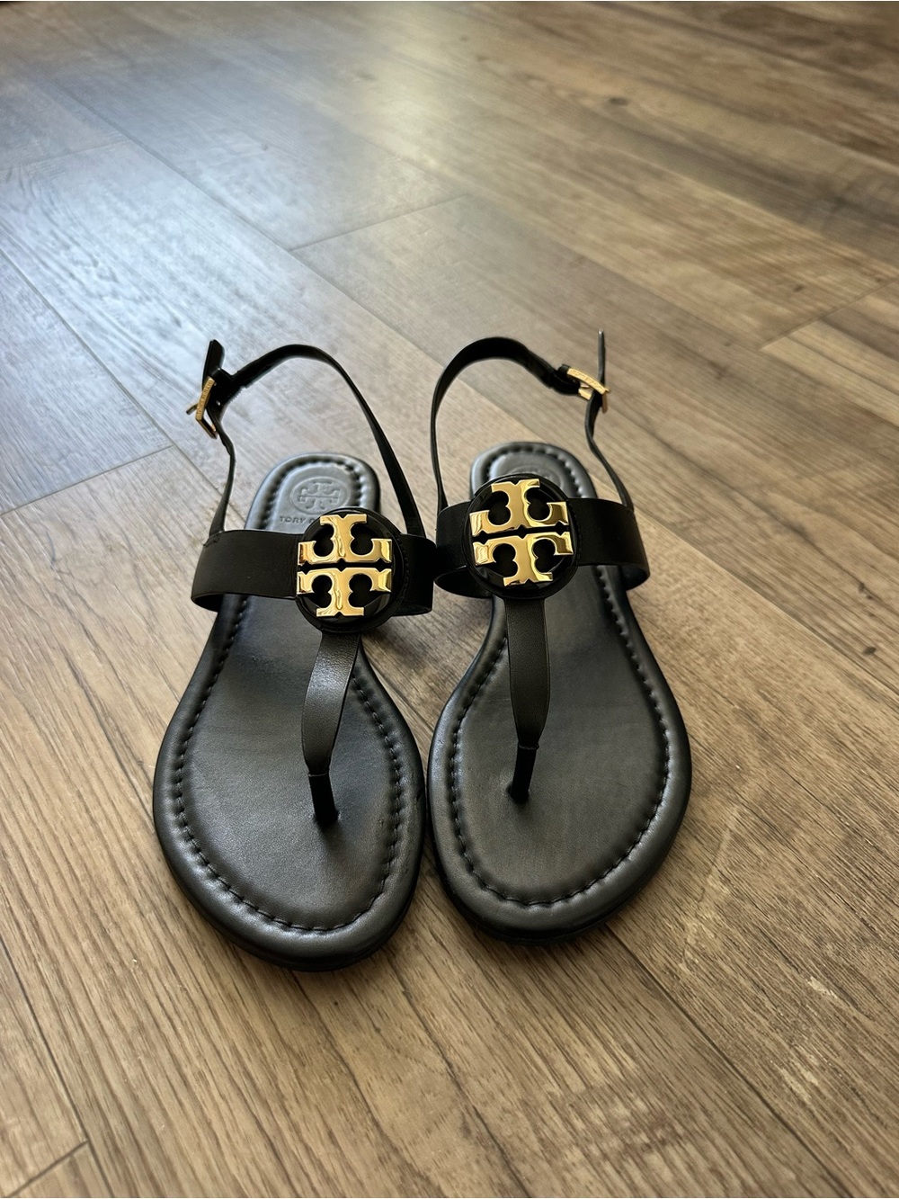 Tory Burch Black Leather Thong Sandals with Gold Logo